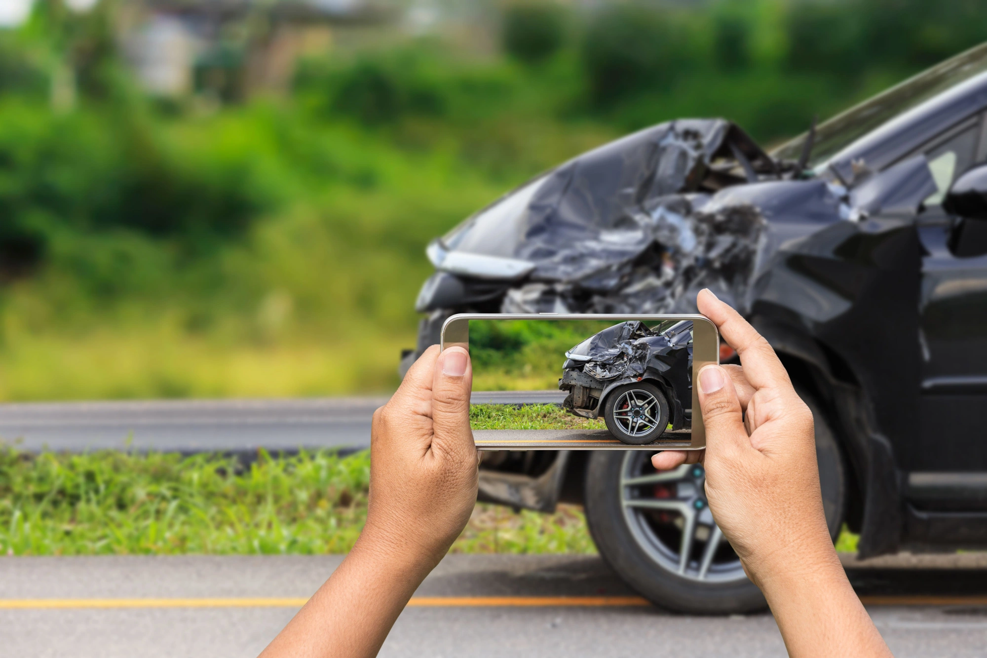 Woman taking picture of evidence for a drunk driver lawsuit