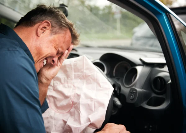 Can you sue for airbag injuries? Photo of man in pain hit by airbag.