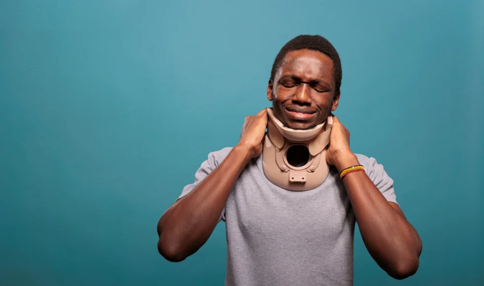 Injured man in a neck brace holding his neck in discomfort
