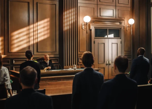 Court room standing and waiting for the judge