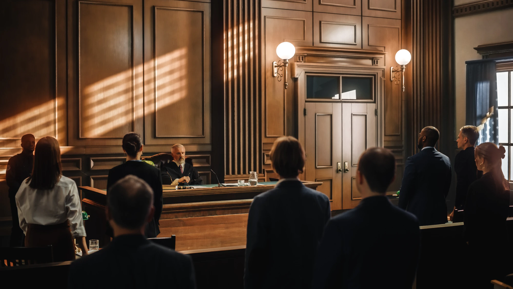 Court room standing and waiting for the judge