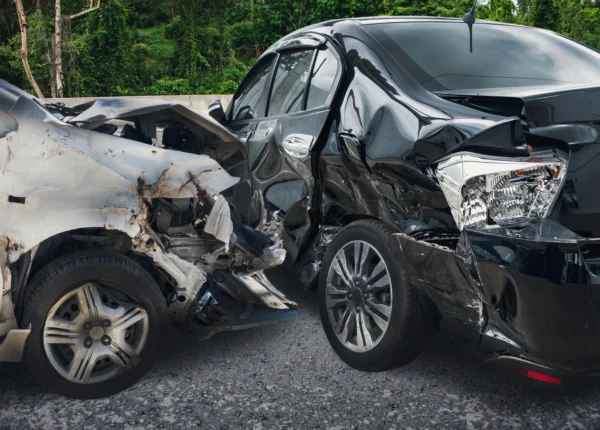 Two cars after a t-bone accident.
