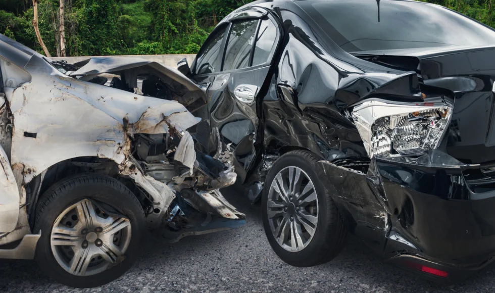 Two cars after a t-bone accident.