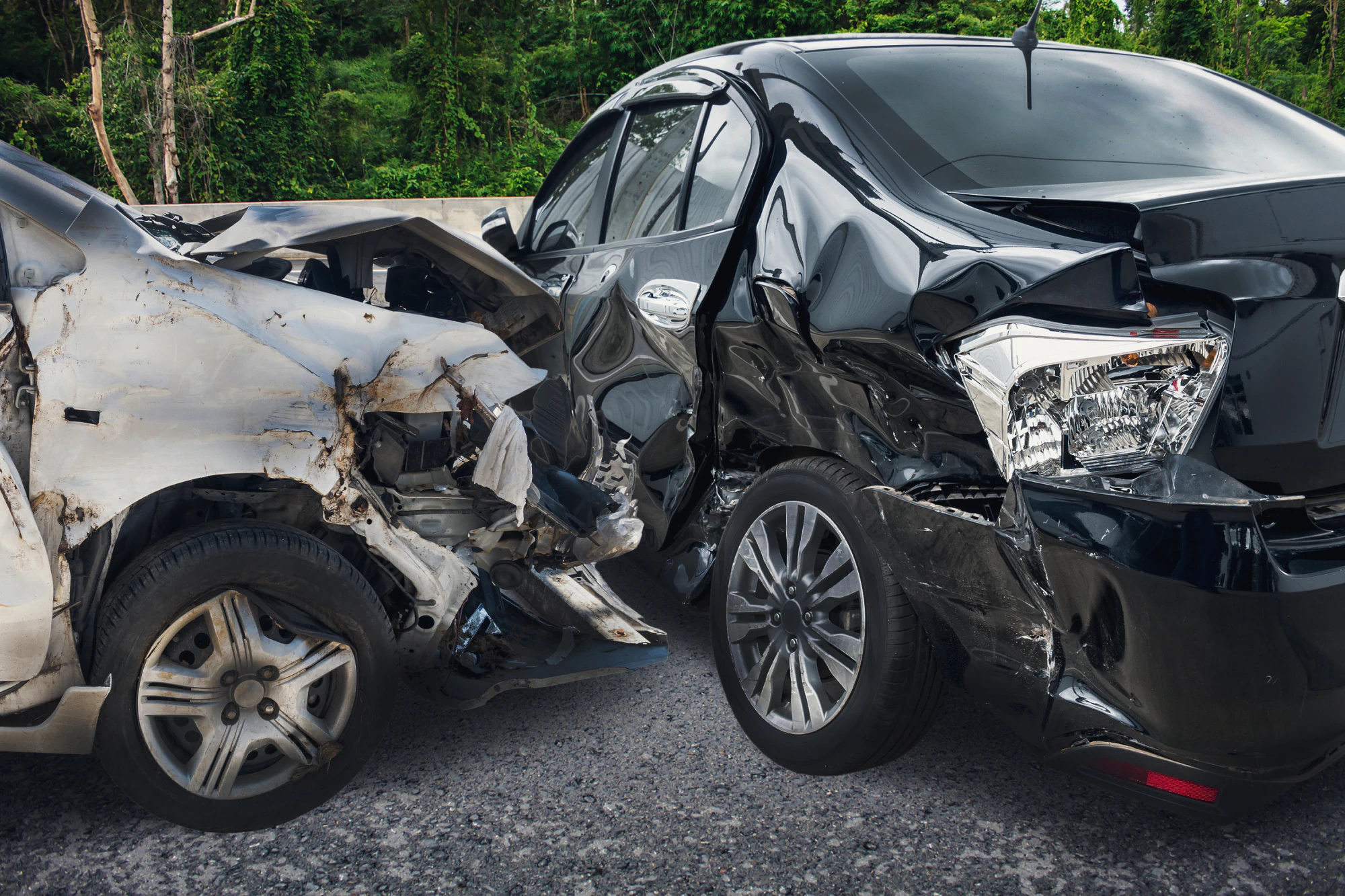 Two cars after a t-bone accident.