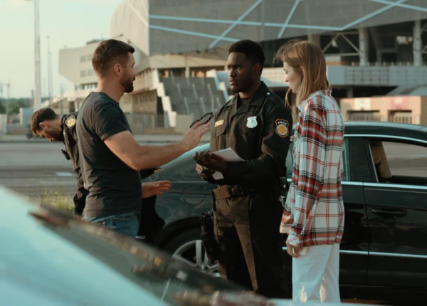 Couple talking to police officer at the scene of an accident.