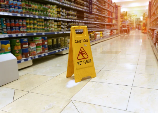 Wet floor sign sitting on the soapy, wet floor of a supermarket aisle.