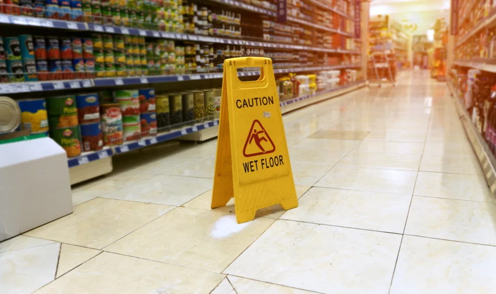 Wet floor sign sitting on the soapy, wet floor of a supermarket aisle.
