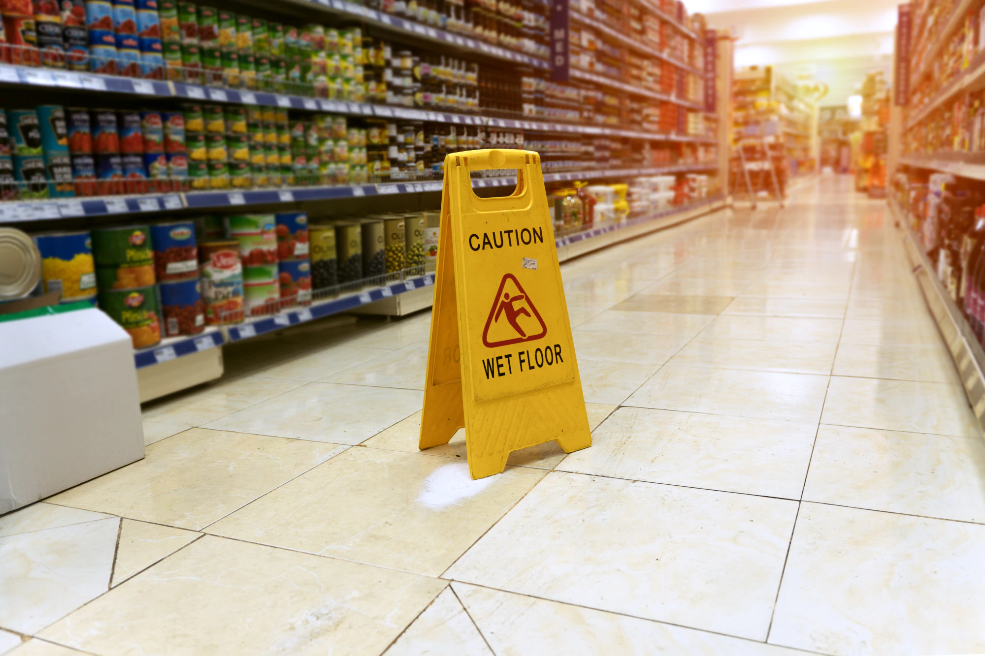 Wet floor sign sitting on the soapy, wet floor of a supermarket aisle.