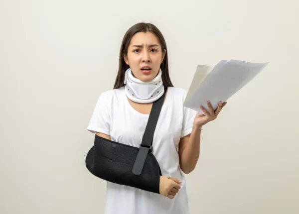 Woman in a neck brace and arm sling holding paperwork wearing a frustrated expression.