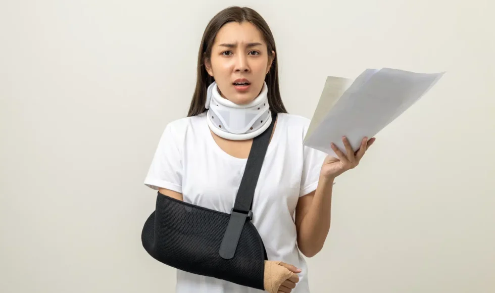 Woman in a neck brace and arm sling holding paperwork wearing a frustrated expression.