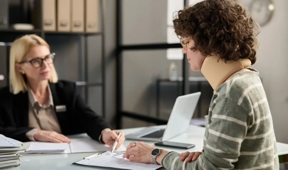 Young woman in a neck brace filing documents