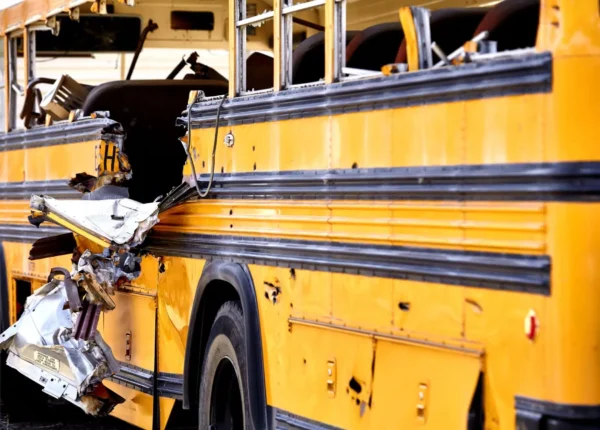 School bus damage after an accident in Texas